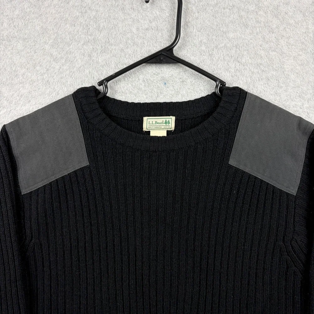 LL Bean Commando Sweater Mens Large Black Merino Lambswool Ribbed Crewneck Heavy